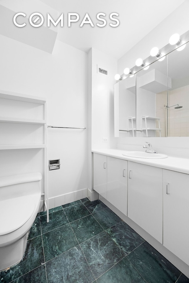 full bathroom featuring toilet, vanity, and a shower