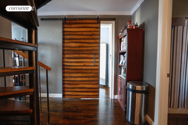 hallway with dark wood-style flooring, crown molding, visible vents, and baseboards