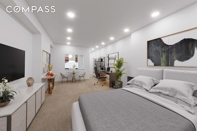 bedroom with recessed lighting and light colored carpet