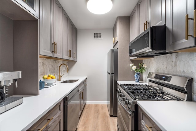 136 E 56th St Unit 8L, New York City, NY 10022 - kitchen with appliances with stainless steel finishes, a sink, light wood finished floors, backsplash, and light countertops