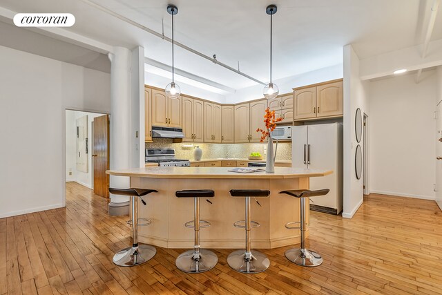 40 W 24th St Unit 6West, New York City, NY 10010 - kitchen with white appliances, decorative backsplash, light countertops, under cabinet range hood, and light wood finished floors