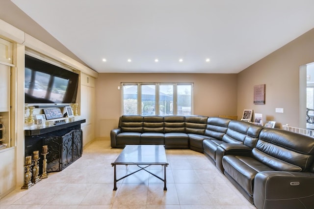 living room with recessed lighting, light tile patterned flooring, and lofted ceiling