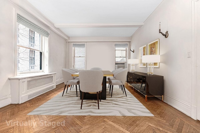 45 E 62nd St Unit 2B, New York City, NY 10065 - dining room with baseboards, beam ceiling, and cooling unit