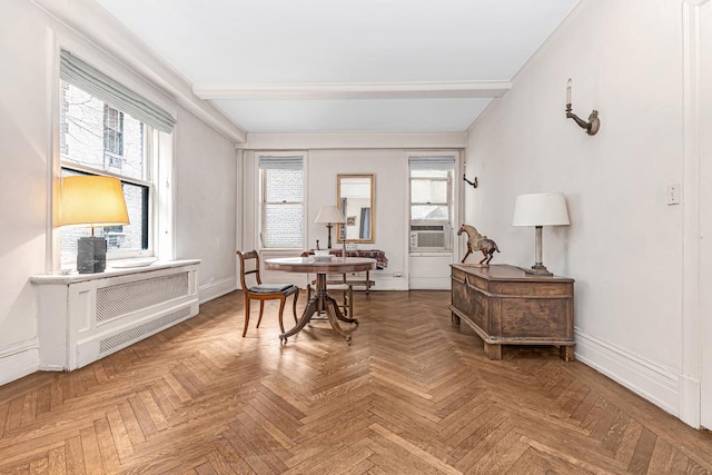 45 E 62nd St Unit 2B, New York City, NY 10065 - office area featuring baseboards, cooling unit, and beam ceiling