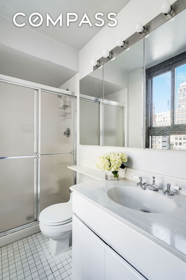 bathroom with tile patterned floors, a stall shower, and toilet