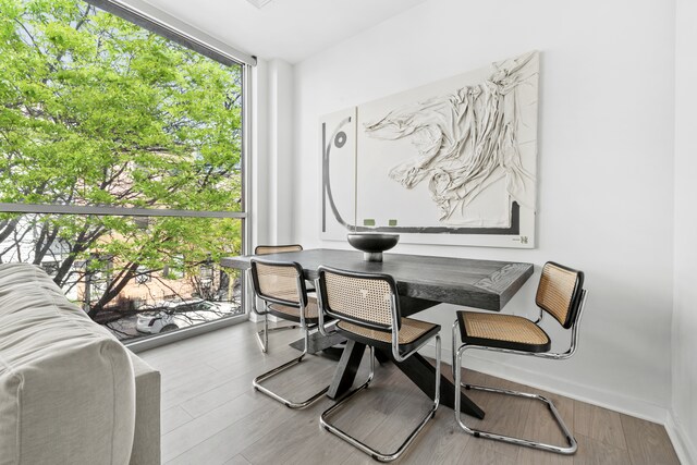 dining area featuring expansive windows and wood finished floors