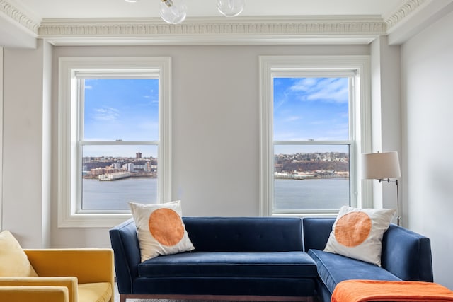 living area with a water view and ornamental molding