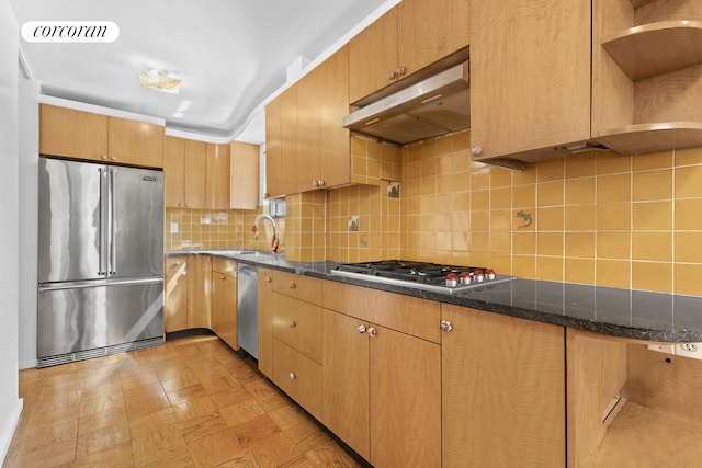 kitchen featuring light floors, stainless steel appliances, open shelves, under cabinet range hood, and backsplash