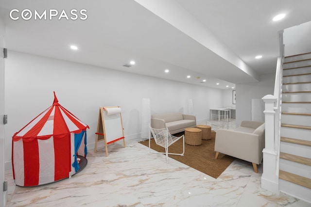 living room with stairs, recessed lighting, baseboards, and marble finish floor