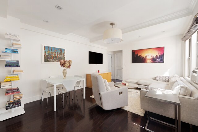 74 W 68th St Unit 6C, New York City, NY 10023 - living room featuring dark wood-style floors, crown molding, and baseboards