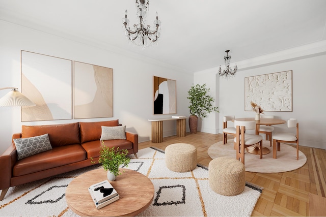 living area featuring crown molding, baseboards, and a notable chandelier