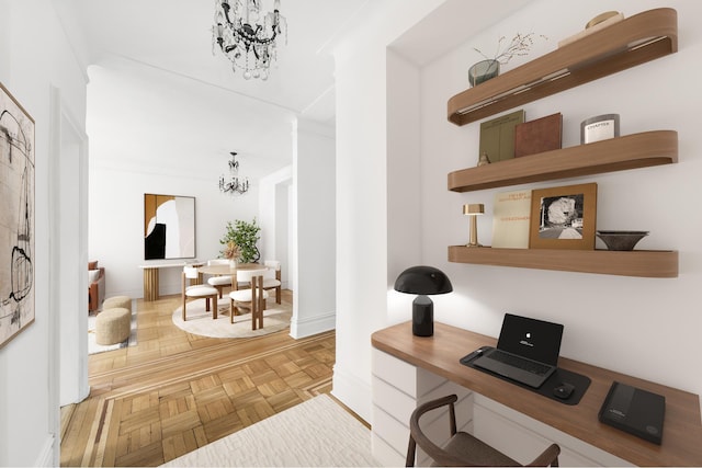 office space featuring a chandelier