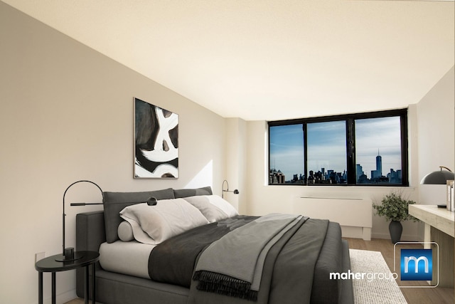 bedroom featuring wood finished floors, baseboards, radiator, and a skyline view