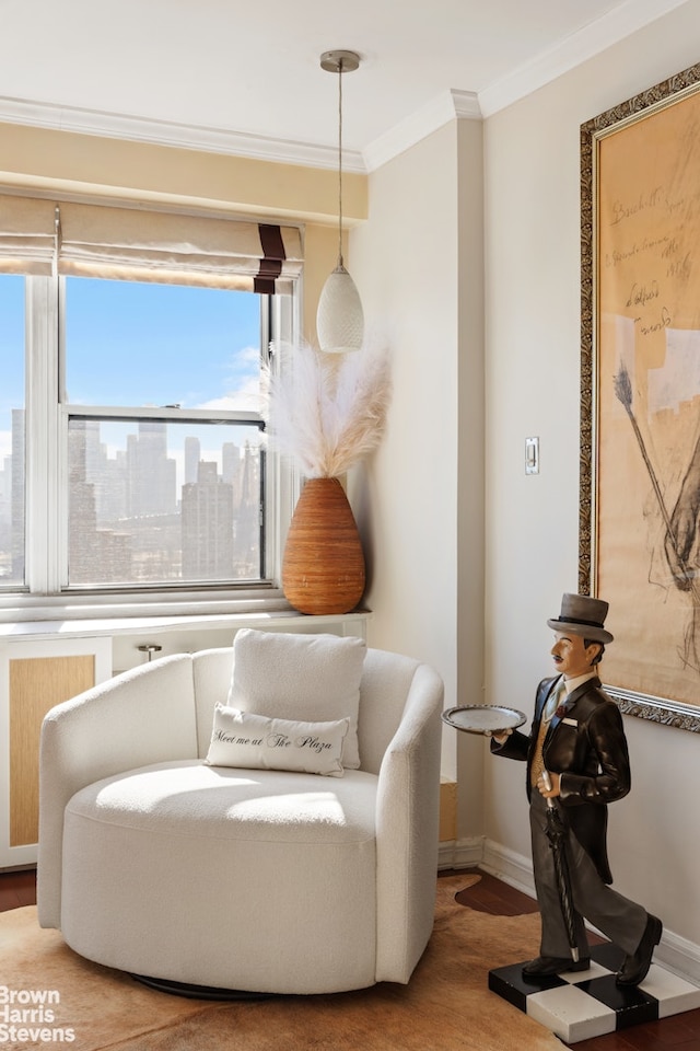 1175 York Ave Unit 15H, New York City, NY 10065 - sitting room featuring a city view, crown molding, wood finished floors, radiator heating unit, and baseboards