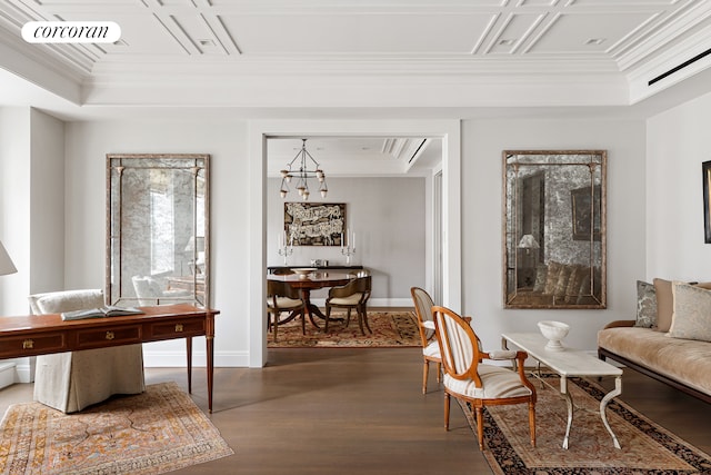 40 E 72nd St Unit 5, New York City, NY 10021 - sitting room with crown molding, wood finished floors, a tray ceiling, coffered ceiling, and baseboards