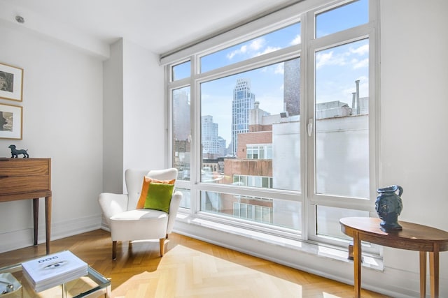 205 E 85th St Unit 7-B, New York City, NY 10028 - living area with a skyline view and baseboards