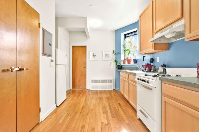 7 2nd Ave Unit 2-B, New York City, NY 10003 - kitchen featuring white appliances, under cabinet range hood, light wood-type flooring, electric panel, and light brown cabinetry