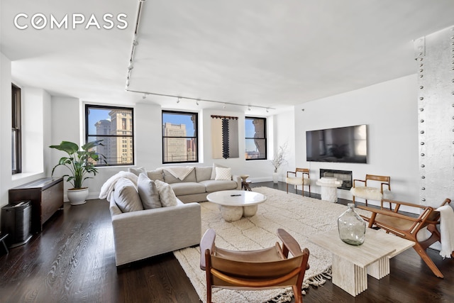 150 Nassau St Unit 18Ab, New York City, NY 10038 - living room featuring baseboards, dark wood finished floors, and track lighting