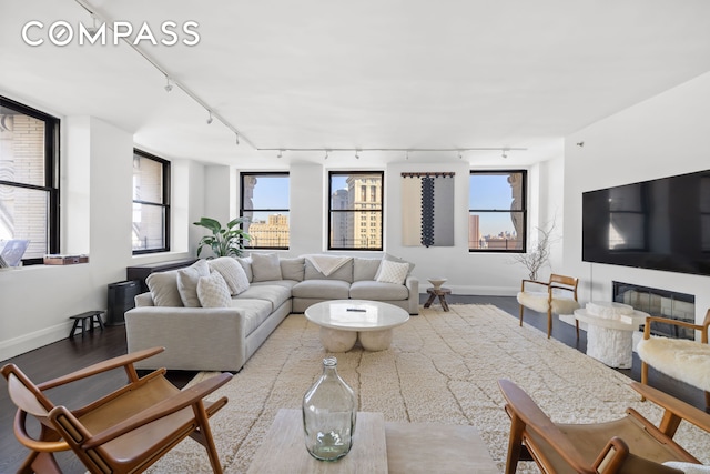 150 Nassau St Unit 18Ab, New York City, NY 10038 - living room featuring track lighting, baseboards, wood finished floors, and a wealth of natural light