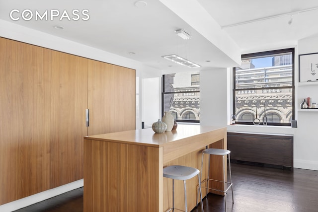 150 Nassau St Unit 18Ab, New York City, NY 10038 - kitchen with a kitchen island, a breakfast bar, modern cabinets, dark wood-type flooring, and light countertops
