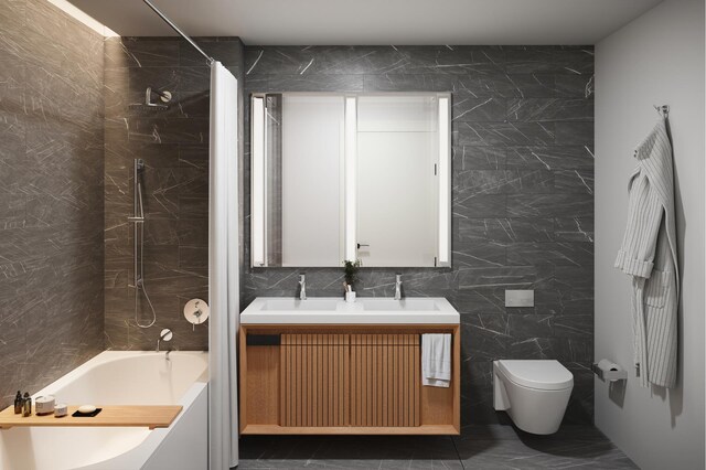 bathroom with toilet, a sink, shower / tub combo with curtain, tile walls, and double vanity