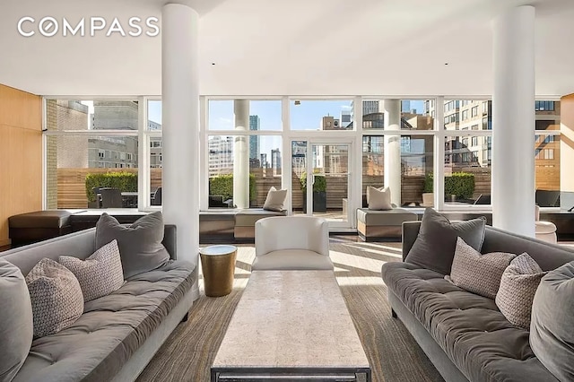 building lobby with a city view