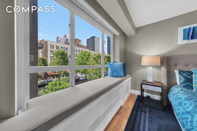 bedroom featuring light wood-style floors, baseboards, and a view of city