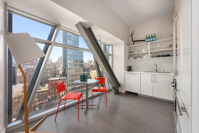 bar featuring a view of city, wood finished floors, and a sink