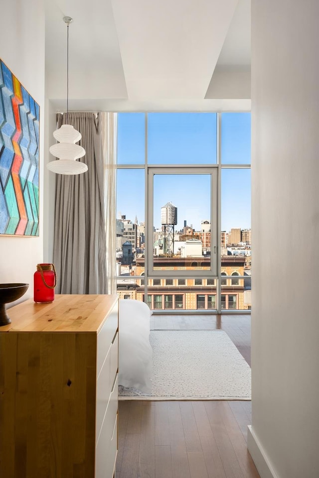 bedroom featuring floor to ceiling windows, a city view, and wood finished floors