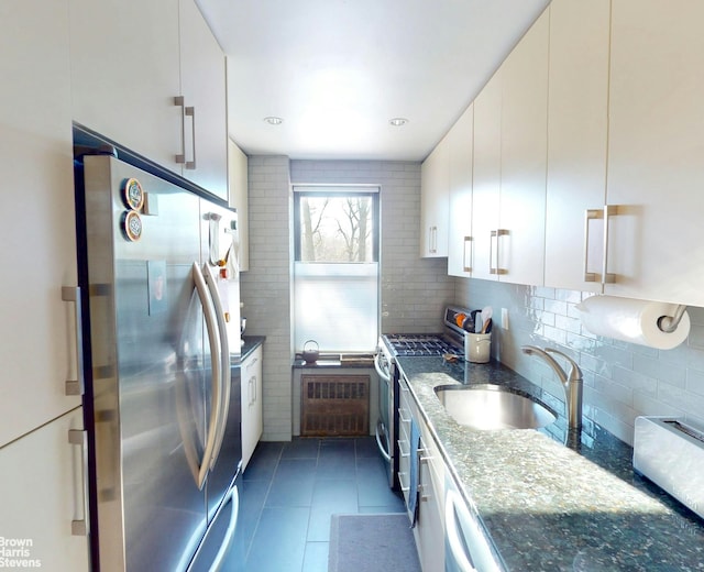 2244 Bronx Park E Unit 1B, New York City, NY 10467 - kitchen with appliances with stainless steel finishes, a sink, dark stone counters, decorative backsplash, and white cabinets