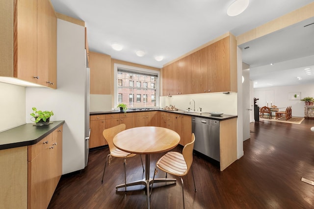 kitchen featuring dark countertops, stainless steel dishwasher, and dark wood-style flooring