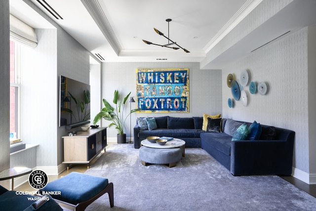 101 W 78th St Unit 5B, New York City, NY 10024 - living area with wallpapered walls, ornamental molding, baseboards, plenty of natural light, and carpet