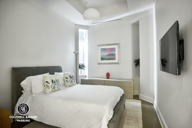 101 W 78th St Unit 5B, New York City, NY 10024 - bedroom featuring a tray ceiling, wood finished floors, and baseboards