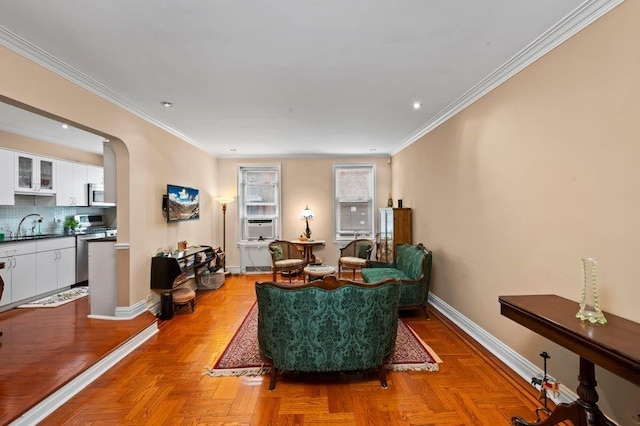 9437 Shore Rd Unit A1, New York City, NY 11209 - living area with arched walkways, crown molding, baseboards, recessed lighting, and cooling unit
