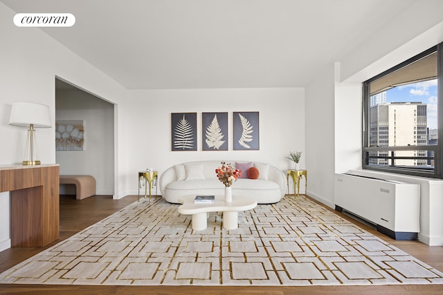 living room with baseboards and wood finished floors