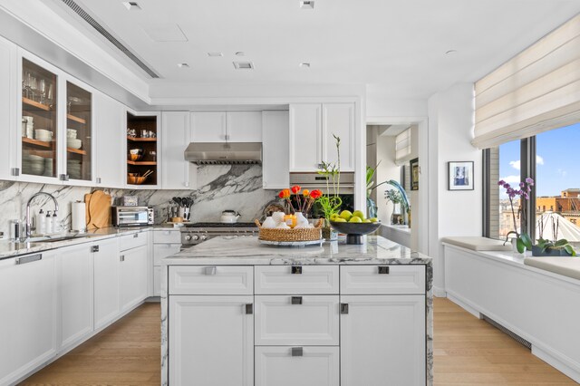 269 W 87th St Phb, Phb, New York City, NY 10024 - kitchen featuring a sink, white cabinets, light wood-style floors, and under cabinet range hood
