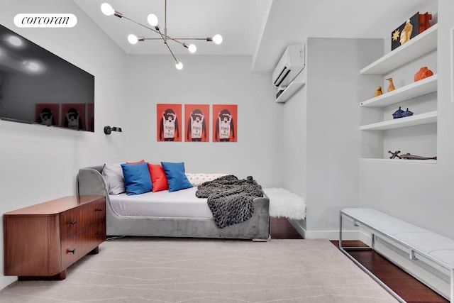 bedroom featuring a wall unit AC and a chandelier