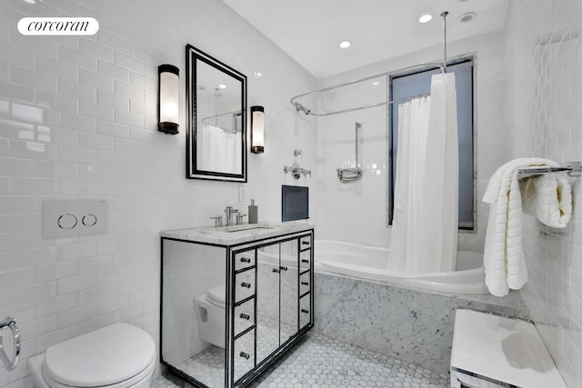 bathroom with tile walls, toilet, tile patterned flooring, tiled shower / bath, and recessed lighting