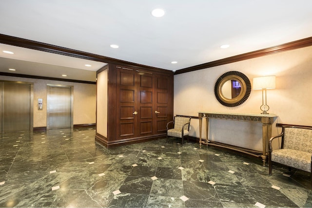 living area featuring ornamental molding, elevator, baseboards, recessed lighting, and marble finish flooring
