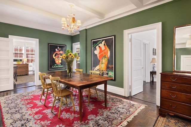 130 E 67th St Unit 5B, New York City, NY 10065 - dining space featuring a chandelier, beamed ceiling, and baseboards