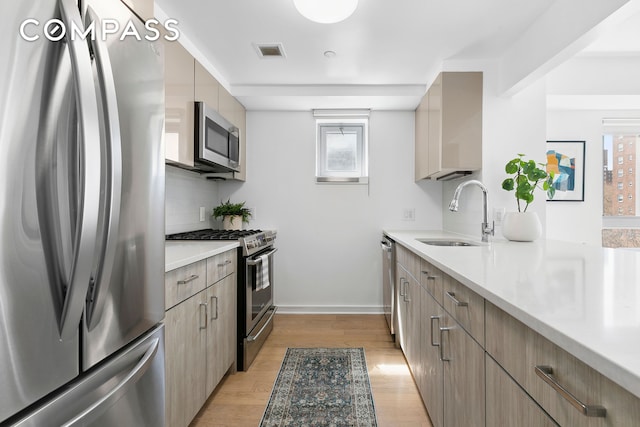 kitchen with stainless steel appliances, a sink, backsplash, light wood-type flooring, and baseboards