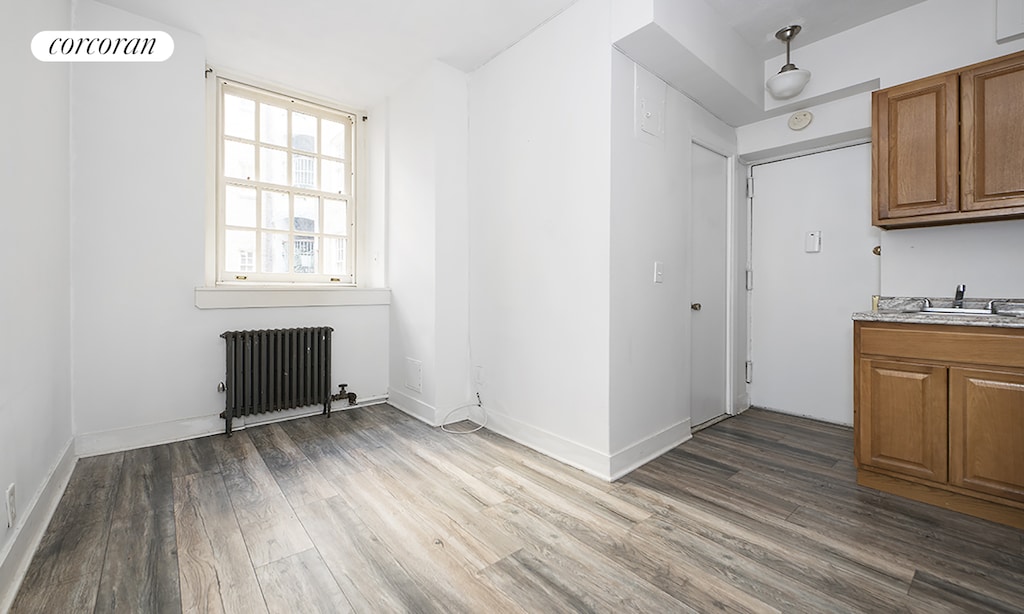 interior space featuring radiator, wood finished floors, a sink, and brown cabinets