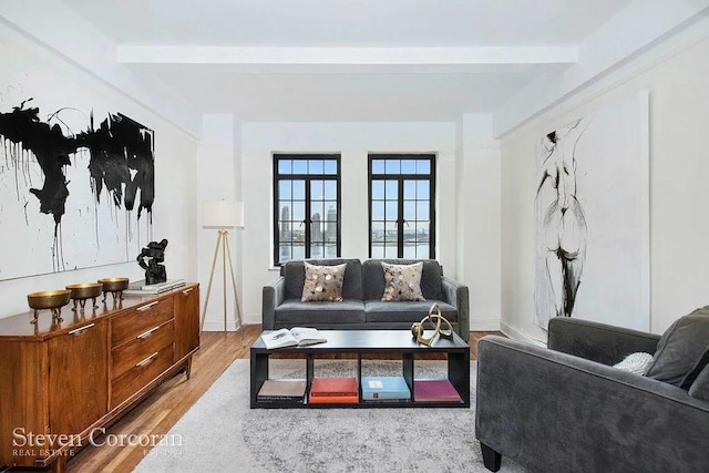 5 Tudor City Pl Unit 931, New York City, NY 10017 - living area with beamed ceiling, light wood-type flooring, and baseboards