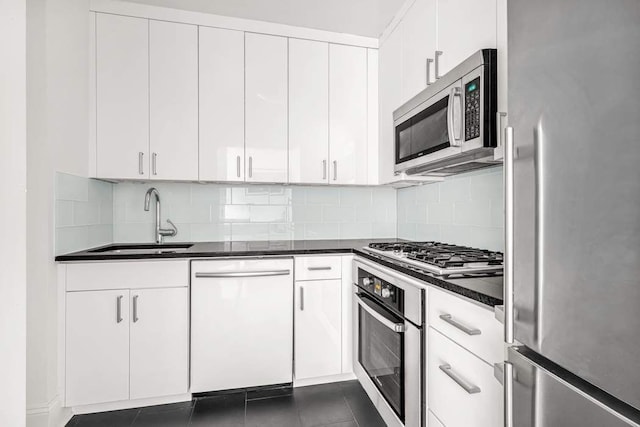300 E 64th St Unit 17C, New York City, NY 10065 - kitchen with stainless steel appliances, a sink, dark countertops, white cabinets, and backsplash