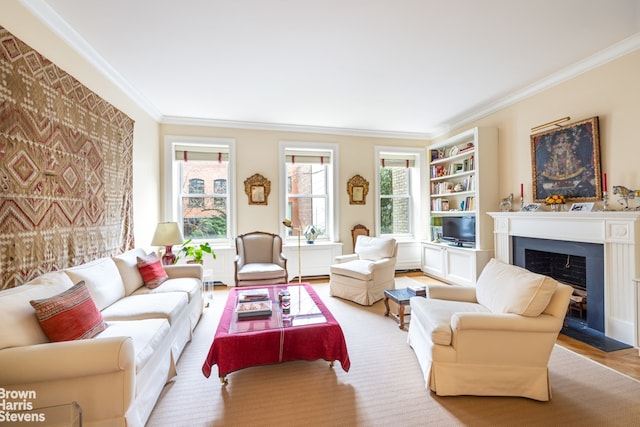 living area featuring ornamental molding, wood finished floors, and a fireplace