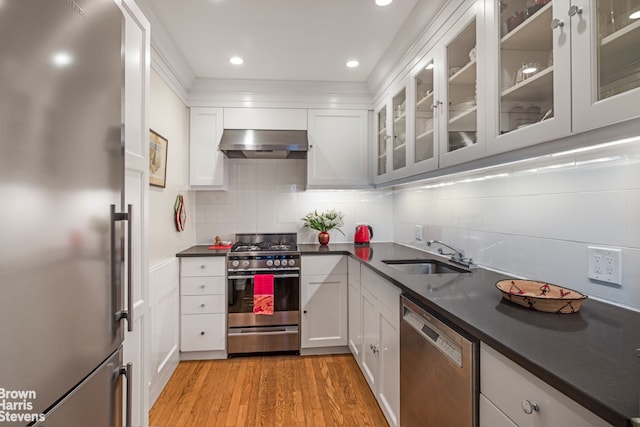 kitchen featuring range hood, a sink, light wood-type flooring, appliances with stainless steel finishes, and dark countertops