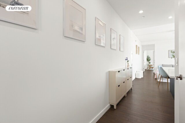 321 W 110th St Unit 12B, New York City, NY 10026 - corridor featuring recessed lighting, dark wood-style floors, and baseboards