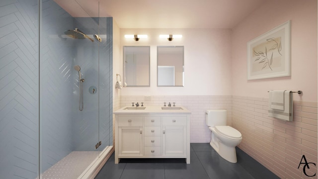 bathroom featuring a shower stall, tile patterned floors, a sink, and toilet