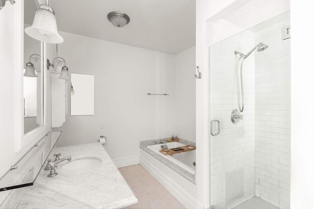 1 Main St Unit 7H, New York City, NY 11201 - bathroom with a bath, a stall shower, and vanity