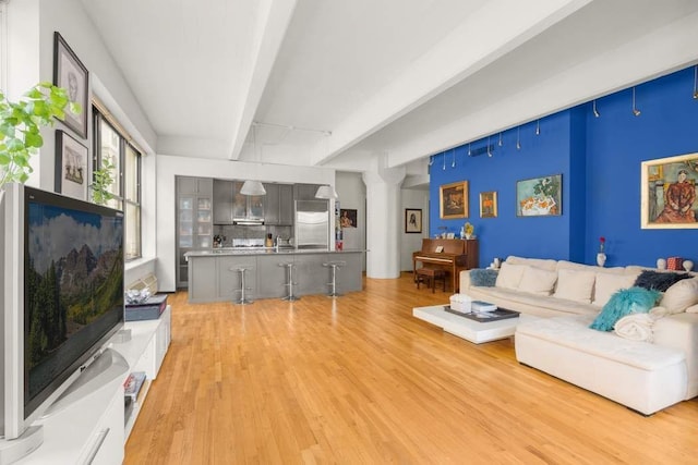 1 Main St Unit 7H, New York City, NY 11201 - living area featuring beam ceiling, light wood-style flooring, and ornate columns